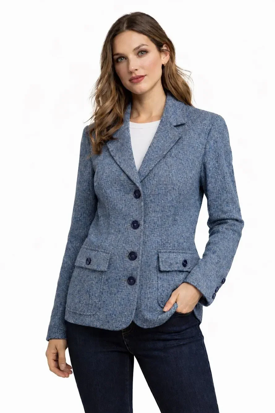 Vintage 1990s L.L. Bean Blue Wool Silk Mix Tweed Blazer medium petite - Picture 1 of 16